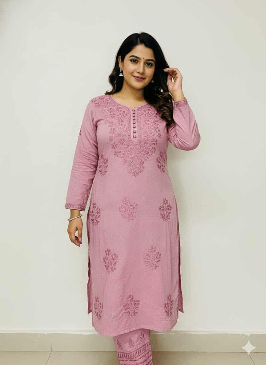 Lucknowi Chikankari Dobby Cotton Kurti Set for Women